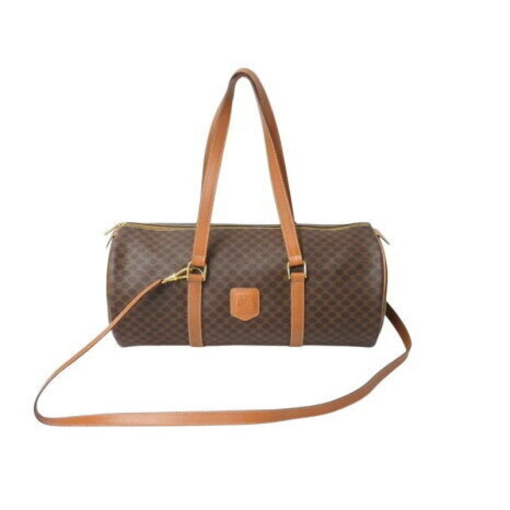 Celine Macadam Bag Shoulder Boston Handbag Leather Brown Gold